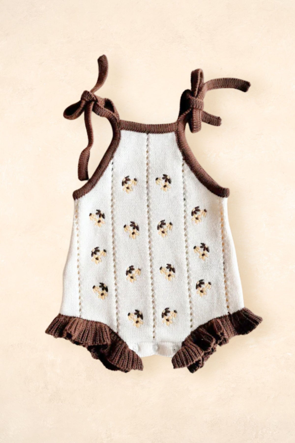 Bloom Pointelle Tie Romper - Chocolate Clothing FRECKLES the label 0000 (Newborn) 