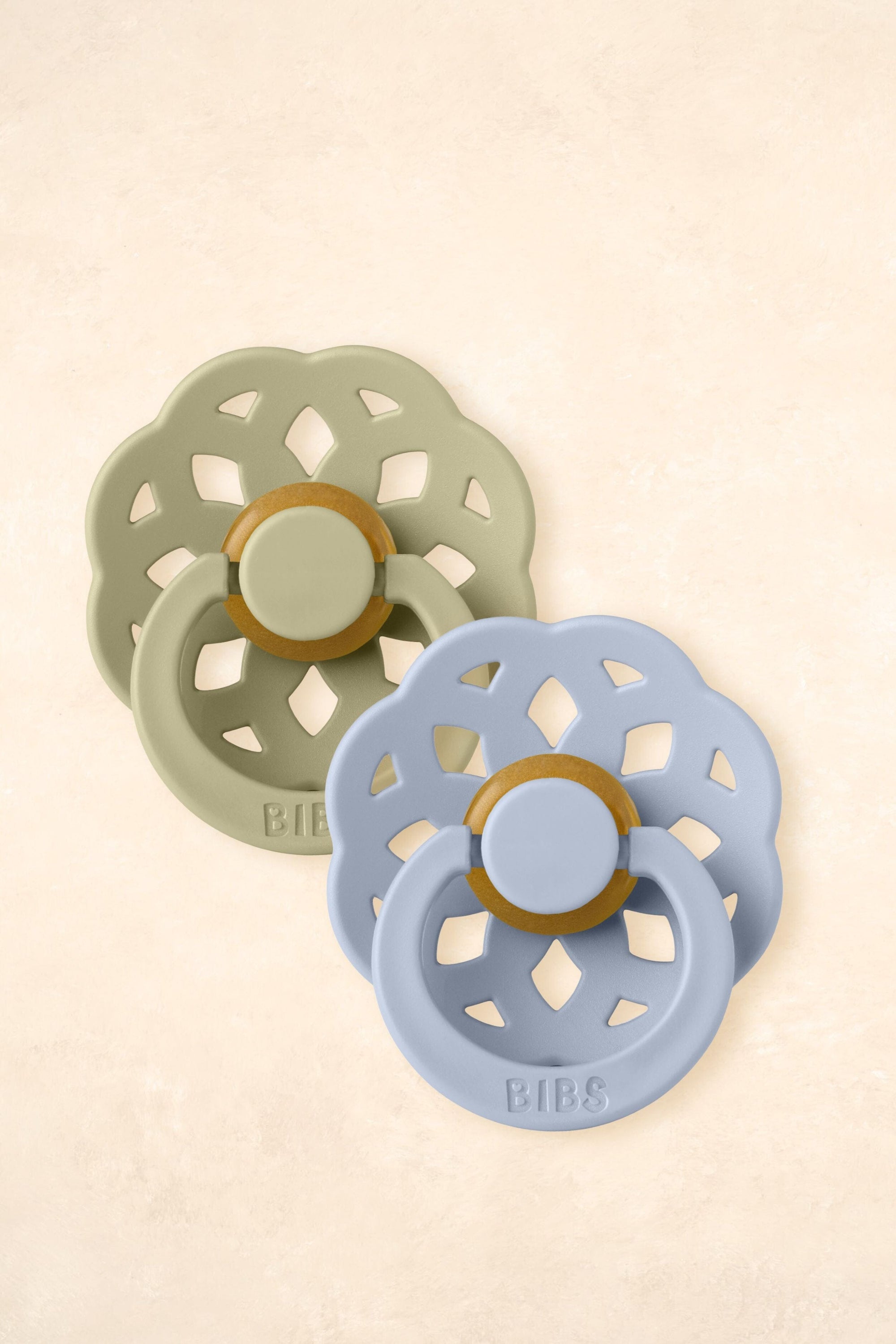 Boheme Dummies - Twin Pack Dummies + Teethers BIBS Size 1 Khaki + Dusty Blue 