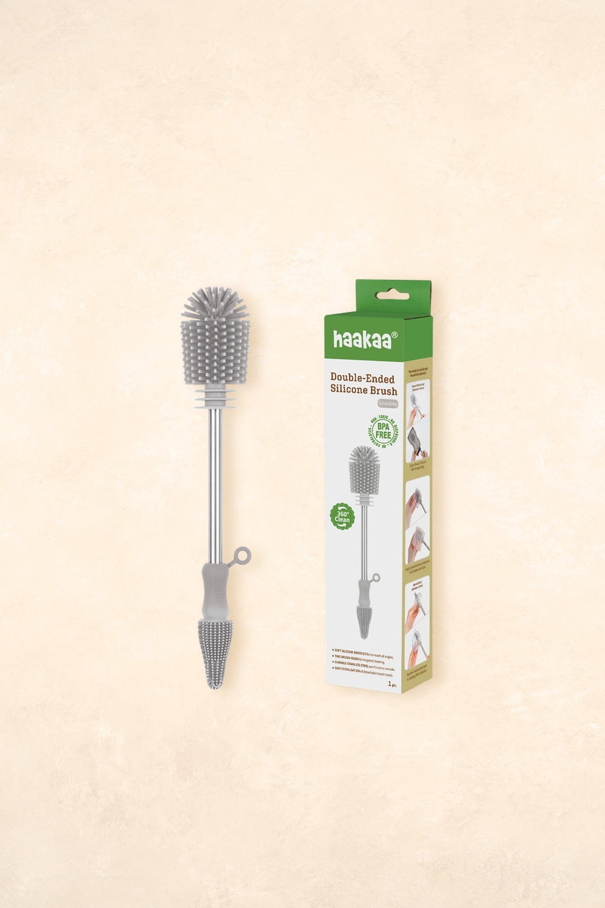 Double-Ended Silicone Brush Bottle Feeding Haaka Suva Grey 