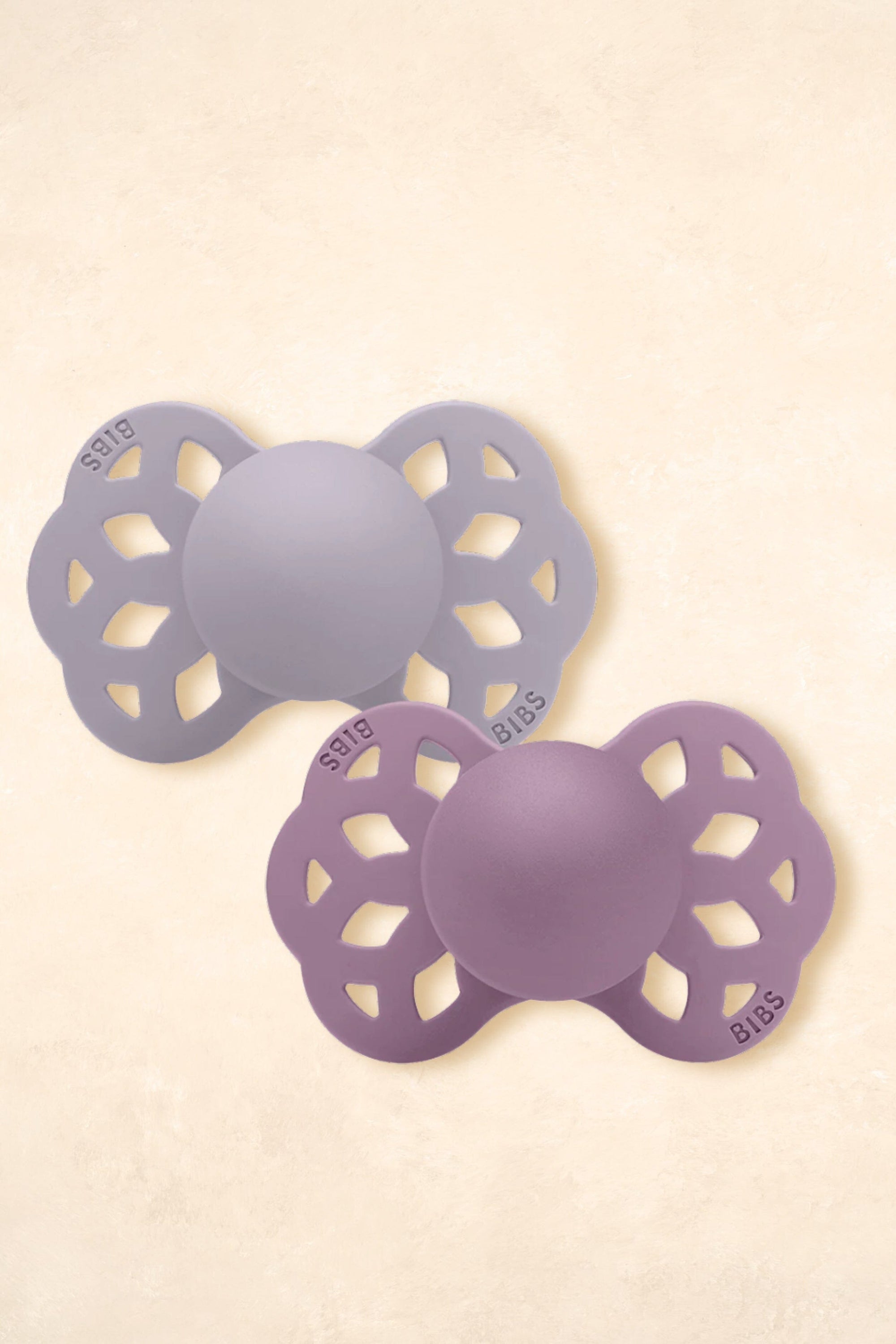 Infinity Symmetrical Dummies Silicone - Twin Pack Dummies + Teethers BIBS Size 1 Fossil Grey + Mauve - Infinity 