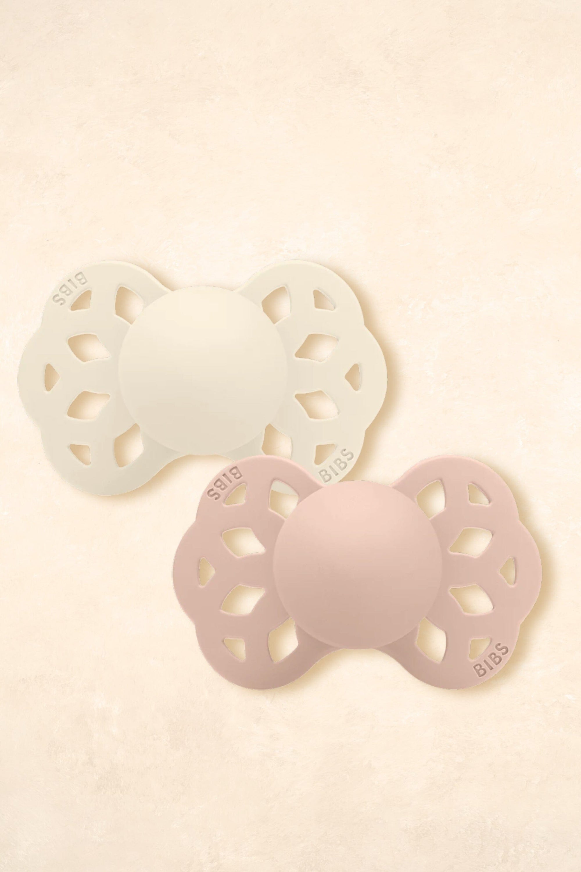 Infinity Symmetrical Dummies Silicone - Twin Pack Dummies + Teethers BIBS Size 1 Ivory + Blush - Infinity 
