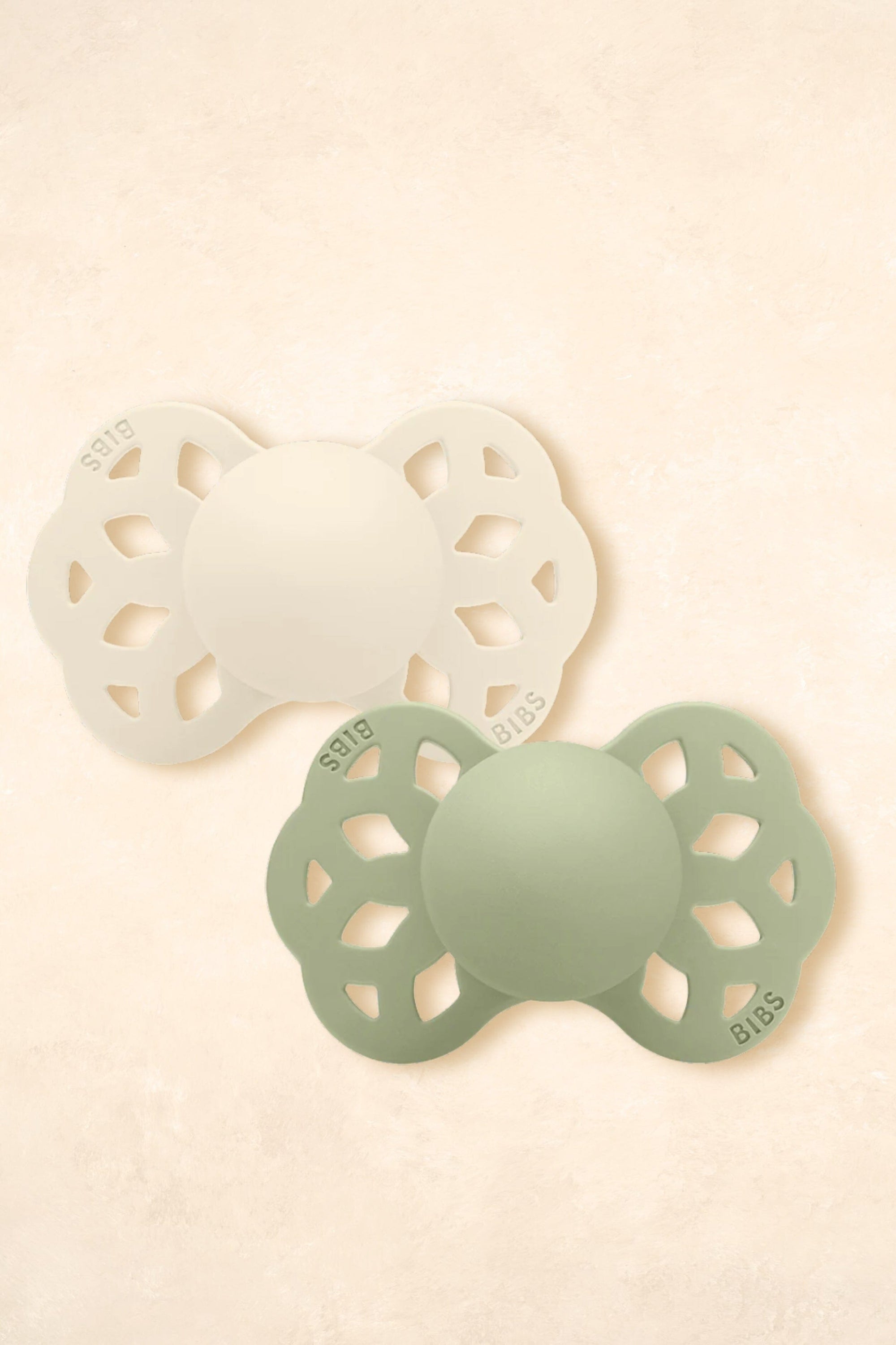 Infinity Symmetrical Dummies Silicone - Twin Pack Dummies + Teethers BIBS Size 1 Ivory + Sage - Infinity 