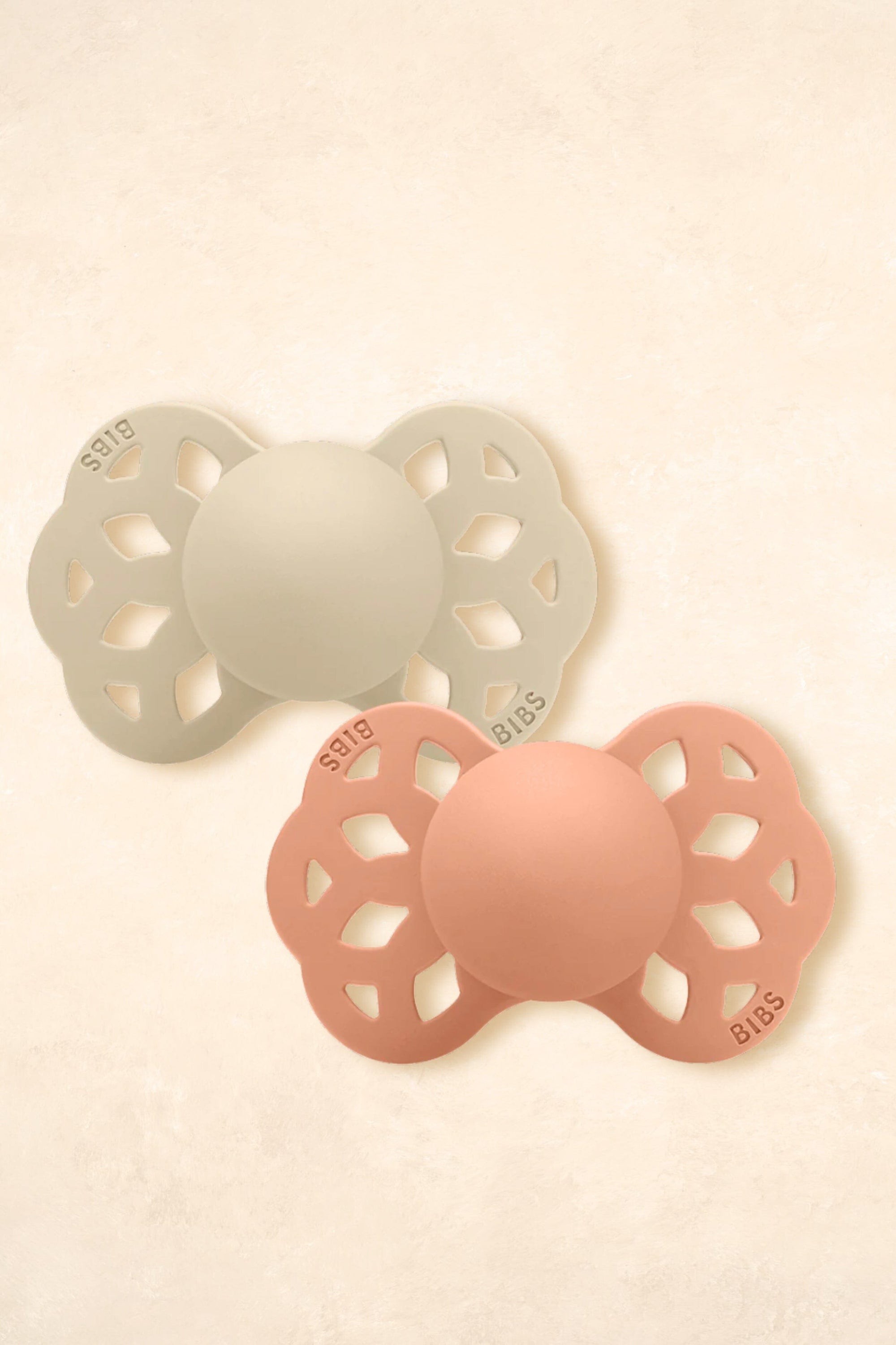 Infinity Symmetrical Dummies Silicone - Twin Pack Dummies + Teethers BIBS Size 1 Vanilla + Peach - Infinity 