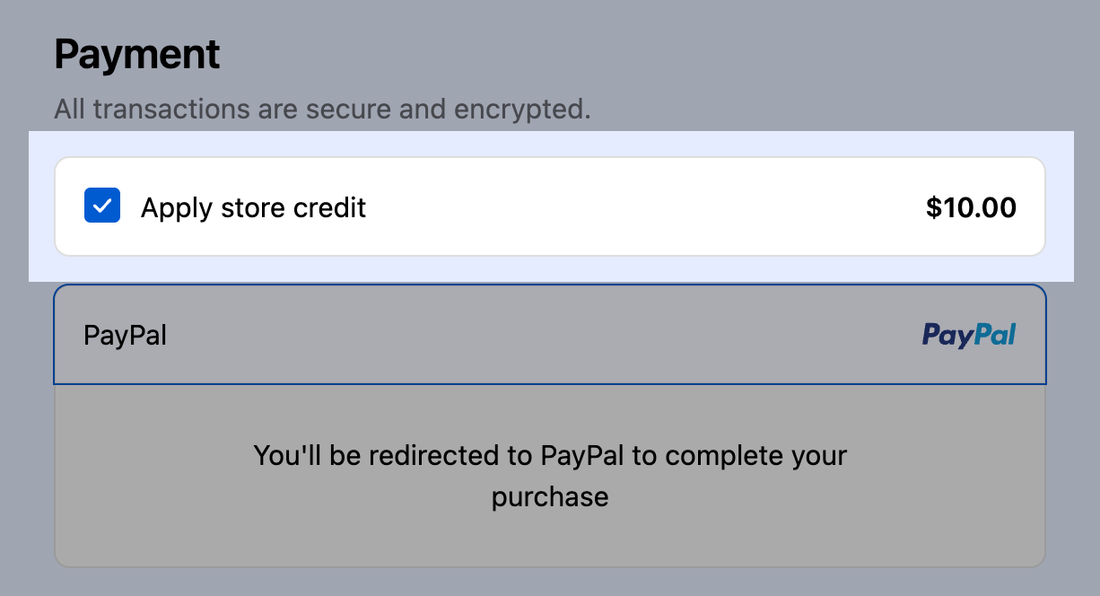 Shopify checkout example showing Apply store credit selected in the Payment section