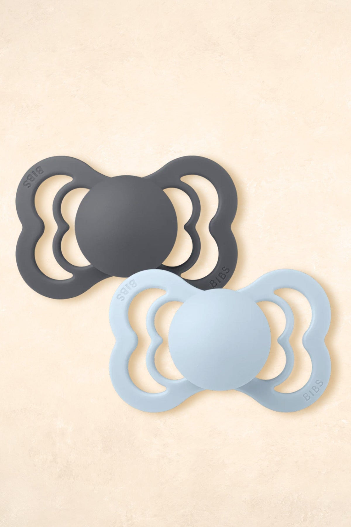 Supreme Dummies Silicone - Twin Pack Dummies + Teethers BIBS Size 1 Iron + Baby Blue - Supreme 