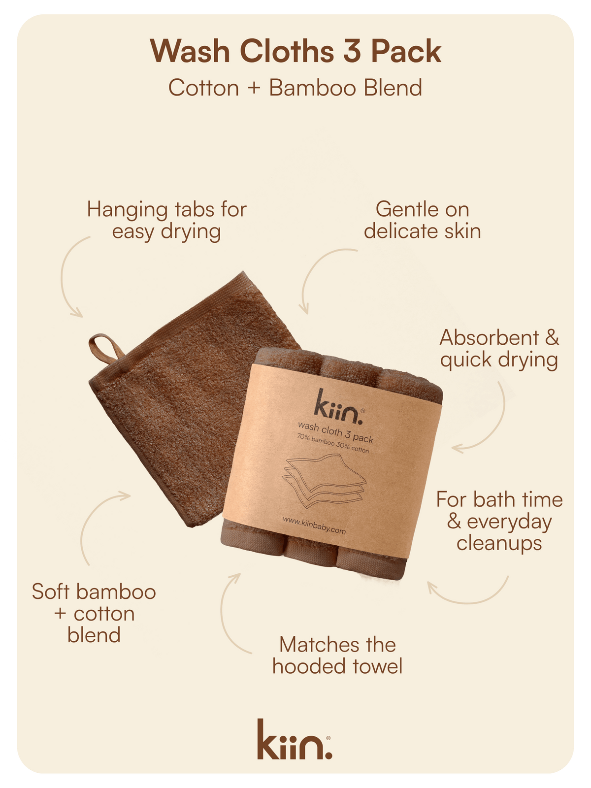 Wash Cloths 3 Pack - Chocolate Towels + Wash Cloths Kiin ® 