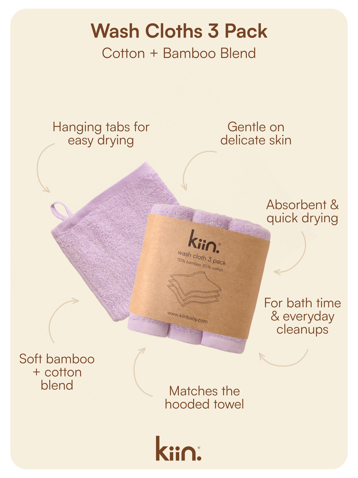 Wash Cloths 3 Pack - Lilac Towels + Wash Cloths Kiin ® 